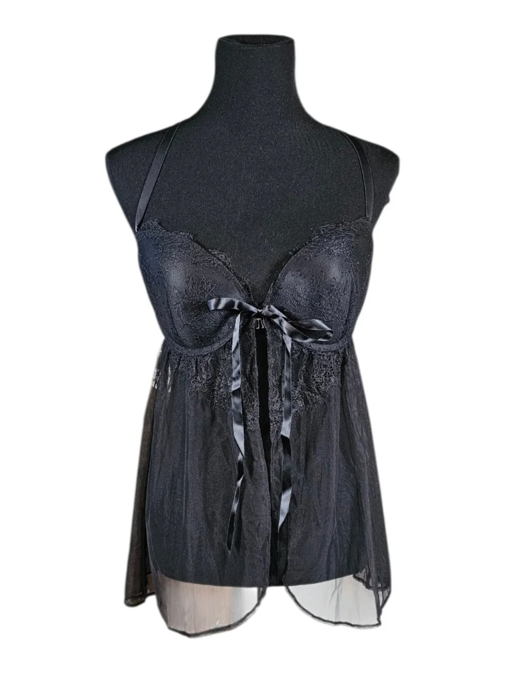 Victoria's Secret 36DD Black Lace Babydoll Chemise Teddy Lingerie
